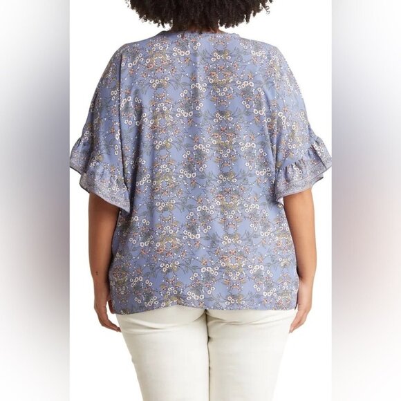 Max Studio Women Plus Size 1X Top Blouse floral Short Sleeve Blue Button NWT - Picture 2 of 8
